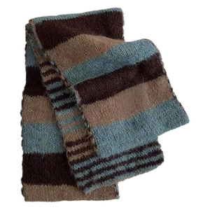 Striped wool scarf in brown and blue colors, folded neatly on a clean white background