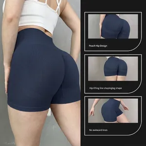 High-waist seamless scrunch butt yoga shorts for women in blue with peach lift design