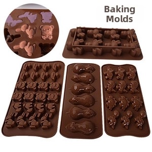 Detailed macro view of 3D animal shapes in brown silicone chocolate baking molds