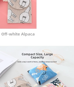 Detail of portable cotton pouch with alpaca and cat patterns showing button closure