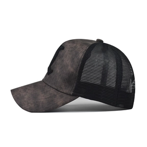 Distressed plaid baseball cap with 3D embroidered L letter and breathable mesh back