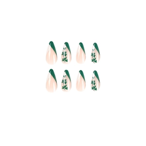 Green French tip press on nails with shamrock clover pattern on almond shape