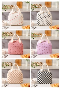 Assorted corduroy lunch bags featuring floral and checkerboard patterns with canvas handles