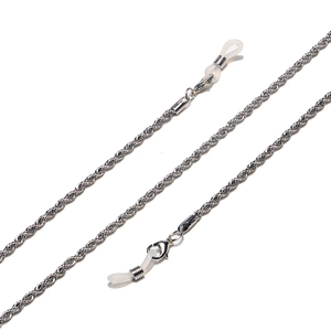 Detail of silver twisted rope chain for glasses with silicone loops and metal lobster clasps