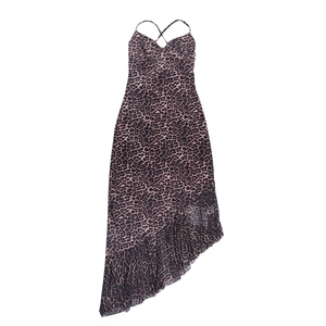 Detail of leopard print summer dress featuring irregular ruffle hem and spaghetti straps