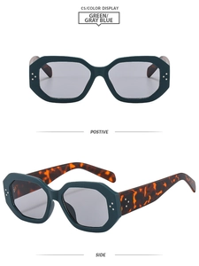 Detailed views of green polygon sunglasses with tortoiseshell temples and metal rivets