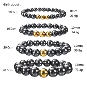 Size chart for black stone beaded bracelet showing girth, bead size, and weight details