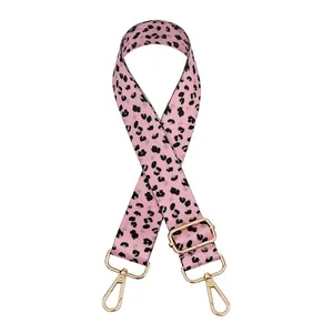 Pink leopard print wide replacement shoulder strap with adjustable gold metal hardware