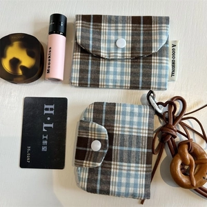 Retro Plaid Canvas Card Holder Multi Layer Zipper Coin Purse Small Portable Storage Pouch With Lanyard