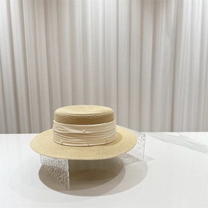 French style boater straw hat with elegant cream ribbon and pearls for sun protection