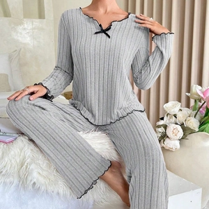 Women Loungewear Rib Knit Long Sleeve Top And Pants Lettuce Edge Contrast Trim Bow Pajamas Sleepwear