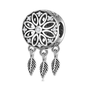 Perlina Acchiappasogni In Argento Sterling 925 Charm Ciondolo Piuma Fiore Traforato Zircone Accessorio Gioielli