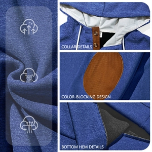 Detail showing blue knit hoodie texture, collar buttons, contrast brown panels and hem stitching