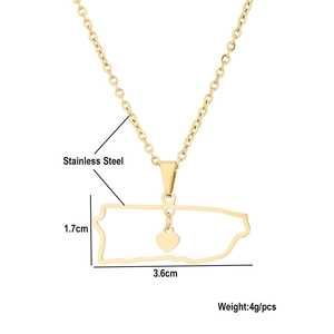 Detail of Puerto Rico map pendant necklace with heart in gold stainless steel