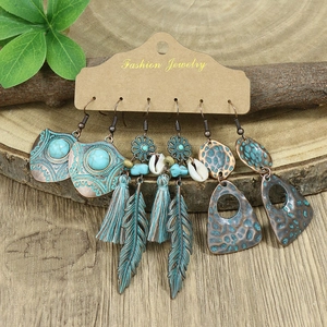 Three-pair vintage bohemian earring set with turquoise beads and feather tassels