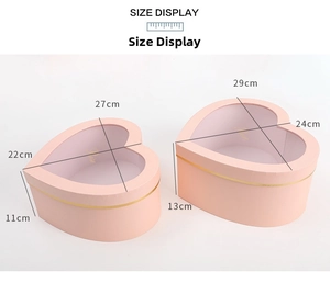 Detailed size display of two light pink heart gift boxes with transparent Rose windows