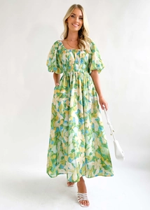 Detailansicht des Maxi-Blumenkleids mit Puffärmeln und elastischer Taille