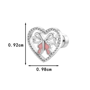 Silver heart butterfly stud earring with pink enamel and detailed size measurements