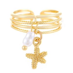 Anello a strati dorato regolabile con un ciondolo a forma di stella marina e perla bianca