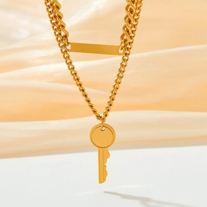Gold double layer stainless steel necklace with key pendant and rectangle plate