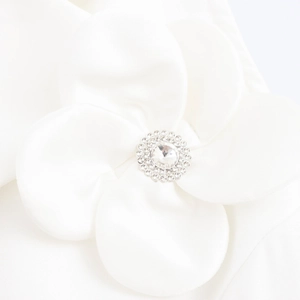 Elegant white fabric flower brooch with rhinestone center for formal women's suits