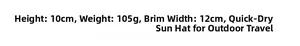 Detail specifications of quick-dry sun hat showing 12cm brim and 105g weight chart