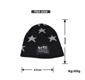 Size chart detail showing black knit beanie with gray star and IN STYLE label