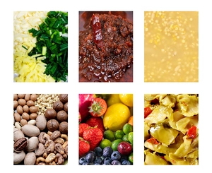 Detailed grid view of various fresh condiments, nuts, and fruits in stainless steel plates