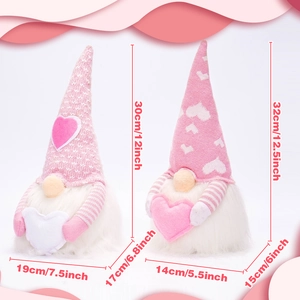 Detailed dimensions of plush faceless gnomes with glowing hearts and knitted hats