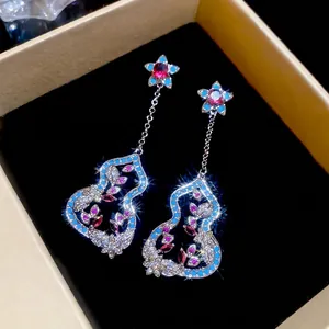 Neo-Chinesischer Stil Kupfer Zirkonia Kalebasse Blume Hängeohrringe Mit 925 Sterlingsilber Ohrstecker-Stift Luxus Kalebasse Quaste Ohrringe Für Damen