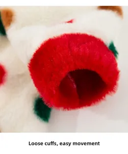 Detail of loose plush cuffs on polka dot pet coat for large dogs in winter
