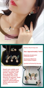Detail of freshwater pearl jewelry set with zircon butterfly necklace and earrings