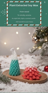 Macro detail of red and green Christmas tree scented candles made of soy wax