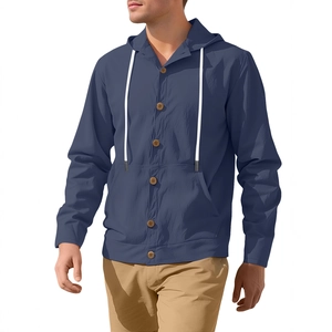 Men's dark blue cotton linen hooded shirt jacket with wooden buttons and white drawstring