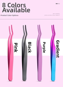 Set of anti-shaking curved eyelash tweezers in pink, black, purple, and gradient colors