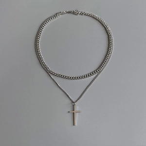 Double-layer silver cross necklace with Cuban chain and minimalist design for men