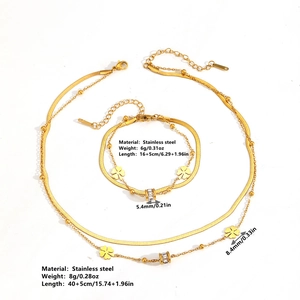 Golden stainless steel four-leaf flower necklace and bracelet set with size specifications