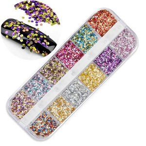 Detailed view of 12-grid nail glitter set with colorful hexagonal sequins for nail art