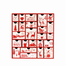 Front detail of wooden Christmas advent calendar with 24 red and white patterned drawers
