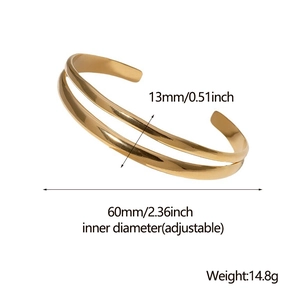 Detailed size chart for the gold stainless steel bangle showing 13mm width and 60mm diameter