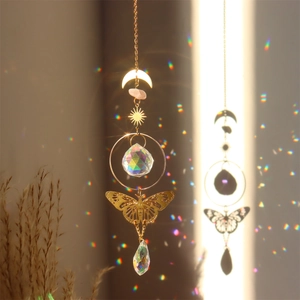 Brass butterfly suncatcher with rose quartz and crystal prism hanging decor for windows