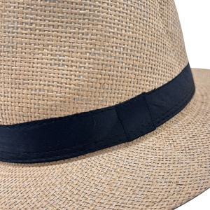 Classic light brown woven straw sun hat with black ribbon detail for outdoor beach wear