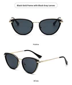 Detail view of cat eye sunglasses with black frames and golden metal temple accents