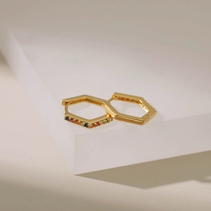 18K gold-plated hexagonal hoop earrings with colorful zircon stones in rainbow pattern