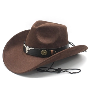 Western Cowboy Hat Suede Wide Brim With Bull Head Leather Band And Adjustable Windproof Rope For Outdoor Retro Style