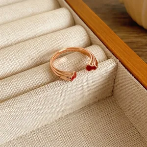 Bague Ouverte Double Gourde Or Rose Cuivre Réglable Émail Rouge Bijoux De Mode Pour Femmes