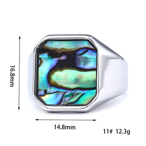 Men's silver stainless steel ring with colorful abalone shell inlay, 11 size minimalist band