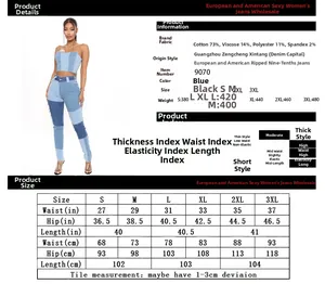 Tabella taglie dettagliata per jeans elastici a vita alta con composizione del tessuto