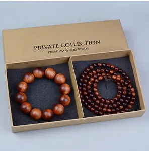 Macro shot of Buddhist prayer beads with wood grain texture in a vintage kraft paper gift box