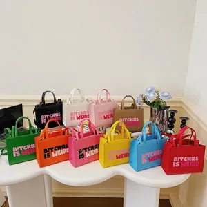 Women PU Leather Shoulder Bag Crossbody Handbag Letter Print Slogan Street Style Small Square Top Handle Purse